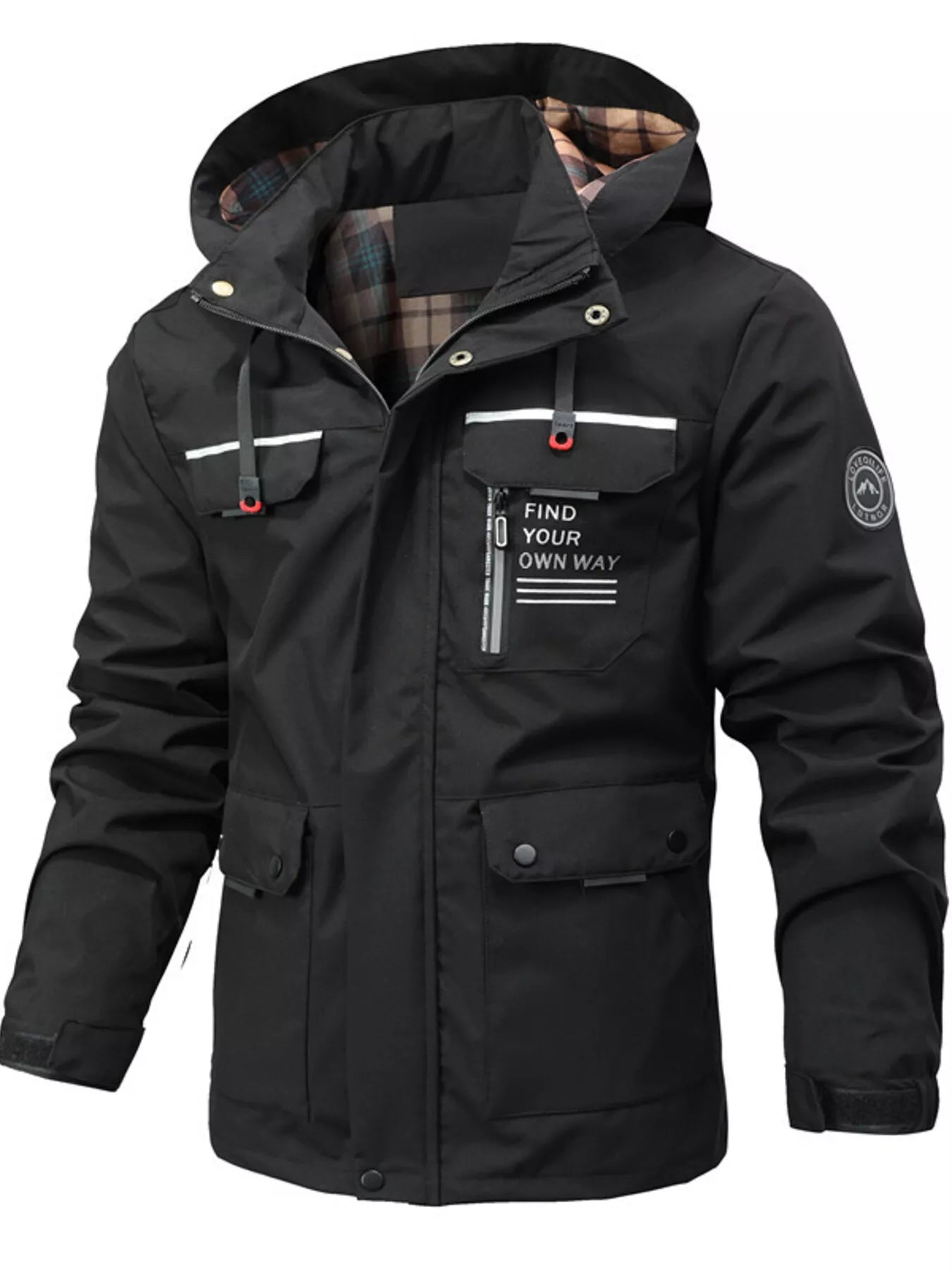 Men's plus size hooded outdoor windproof coat by Shopimist, showing the lightweight, weather-resistant design with hood and full zip.
