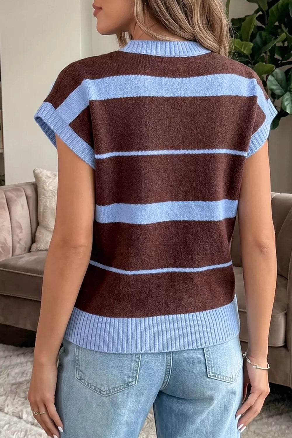 Striped short sleeve round neck casual knit top by Plush Fashion Hub, featuring a comfortable fit and stylish design.