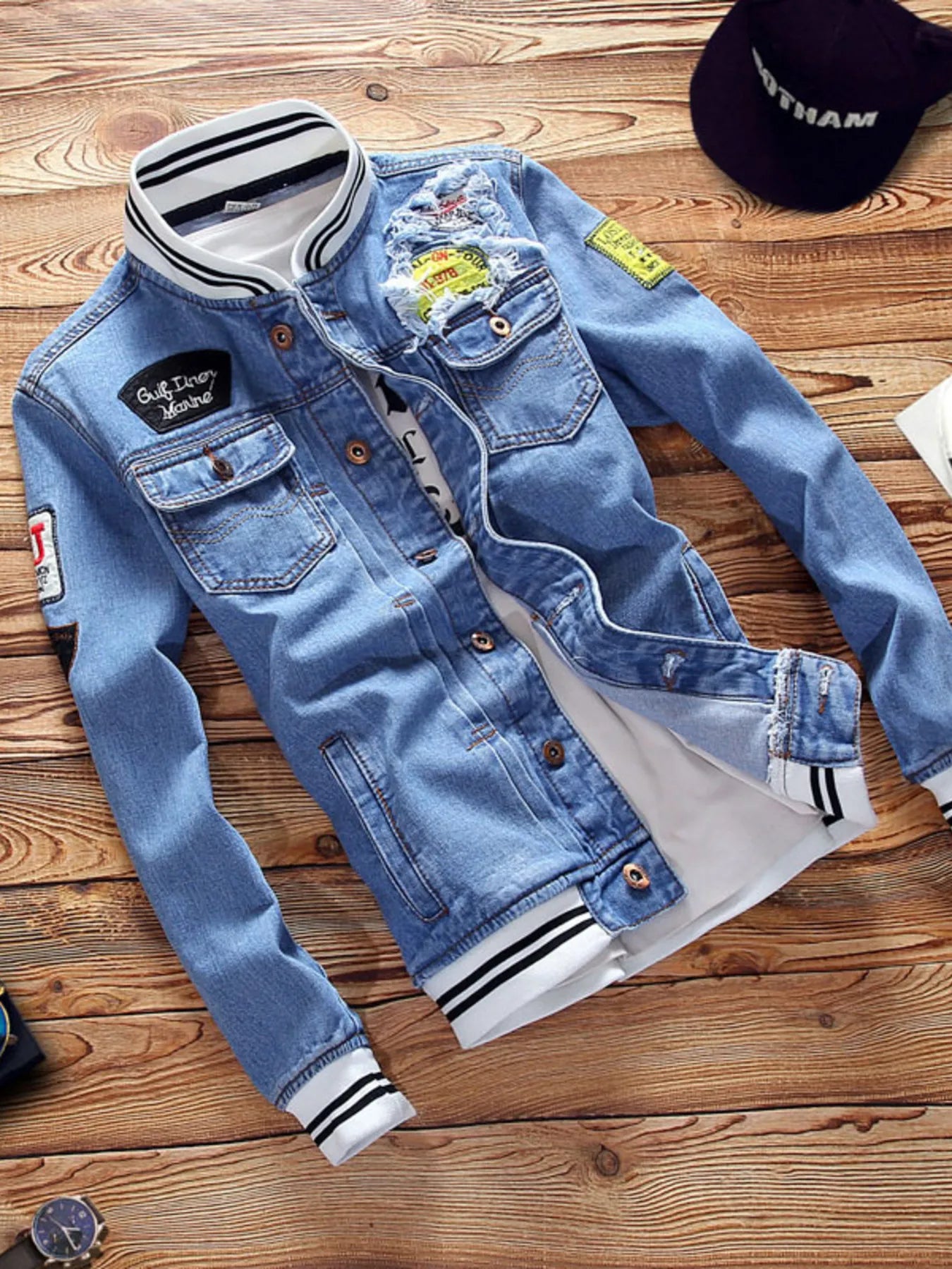 Men's slim fit denim jacket by Plush Fashion Hub, full size and plus size, showing front view with classic denim design.