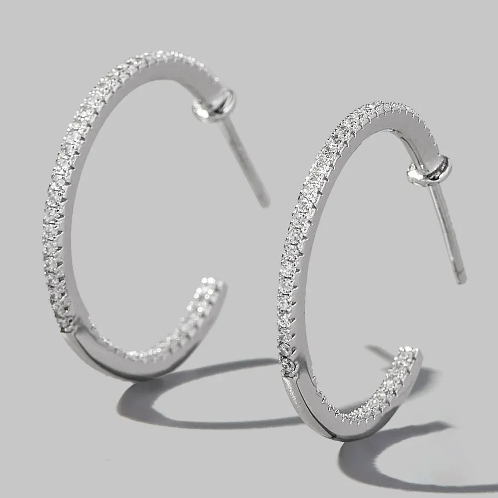 925 sterling silver zircon C-hoop earrings, stylish jewelry featuring sparkling zircon stones and a sleek hoop design.