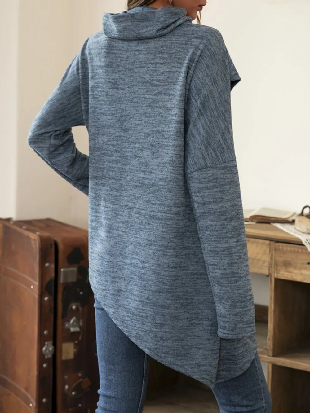 Asymmetrical hem cowl neck long sleeve T-shirt in soft fabric, featuring a stylish draped neckline and unique hem detail, by Trendsi.