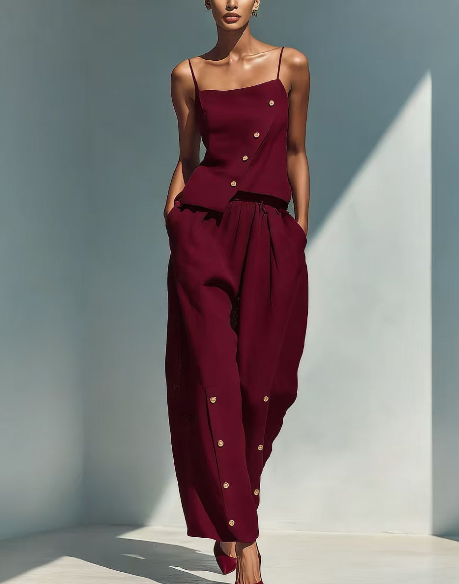 Women's gold-buckle camisole and pants two-piece casualwear set by FitiqueFit, featuring a stylish camisole top and matching pants.