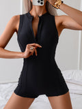 Women's zip-up sleeveless athletic one-piece swimsuit by FitiqueFit featuring a high-waist, conservative swimwear design.