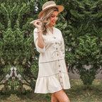 Women's FitiqueFit V-neck A-line dress with three-quarter sleeves and contrast panel, casualwear with button details.
