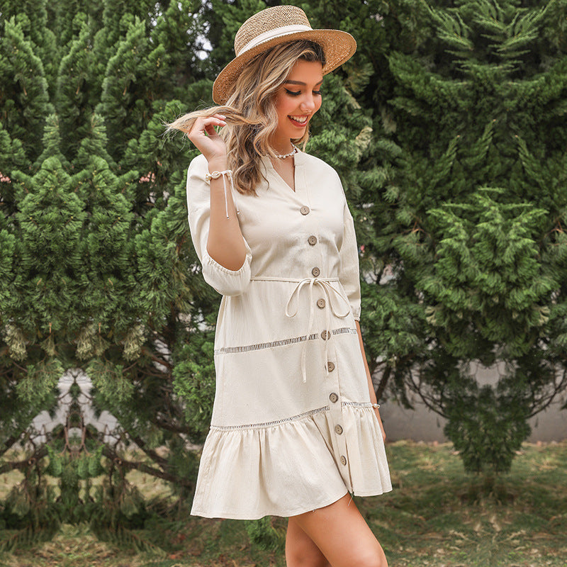 Women's FitiqueFit V-neck A-line dress with three-quarter sleeves and contrast panel, casualwear with button details.
