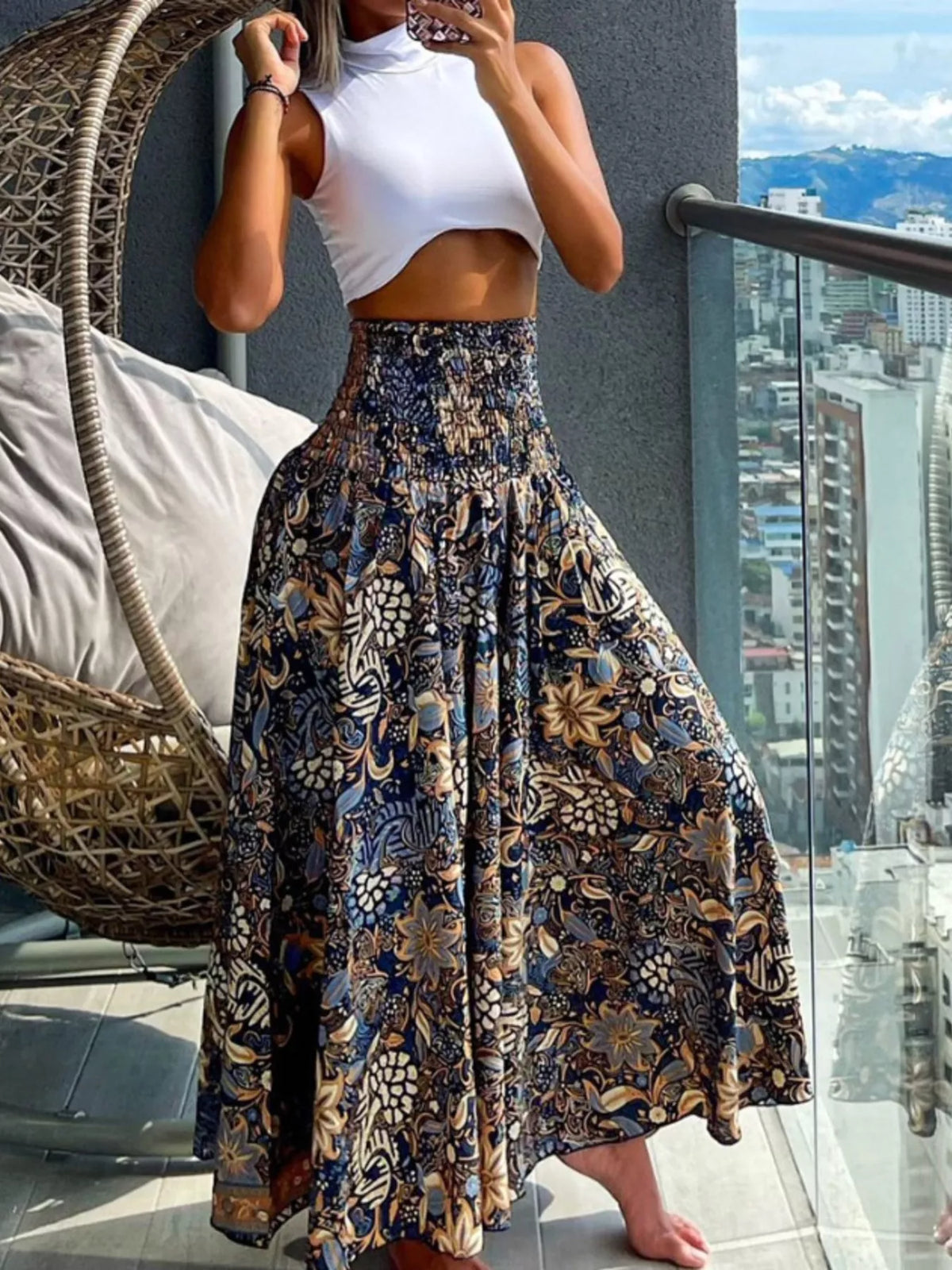 Printed wide-leg pants from Plush Fashion Hub, featuring a stylish pattern and flowing fit, perfect for casual or chic outfits.