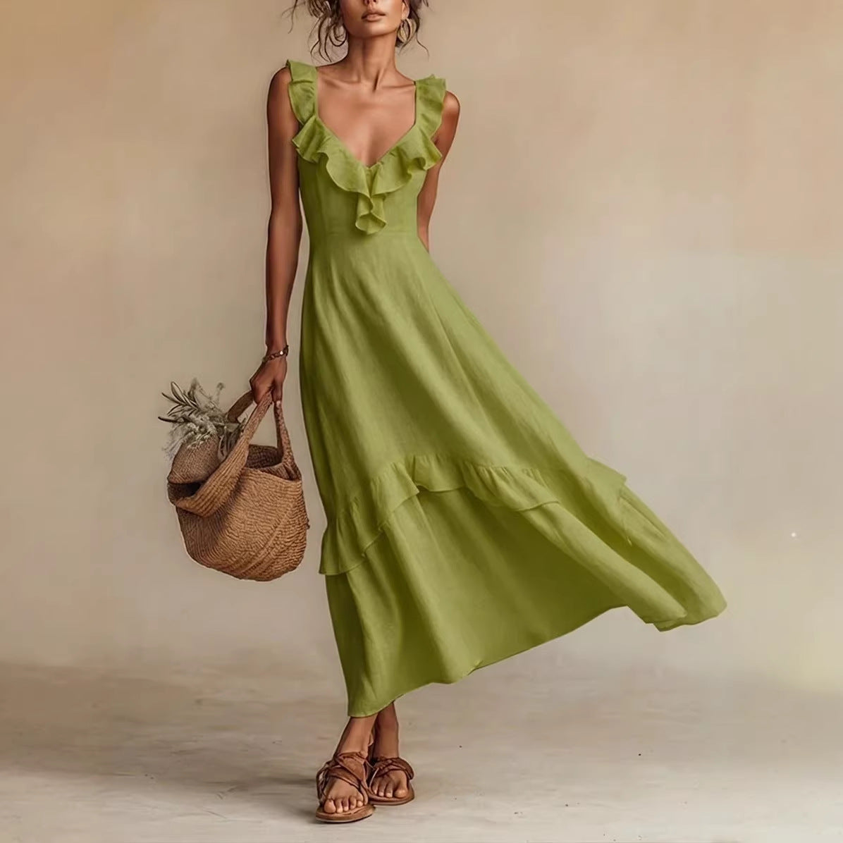 Sleeveless FitiqueFit ruffle detail high-waist maxi dress in various colors, casualwear style, worn by a model outdoors.
