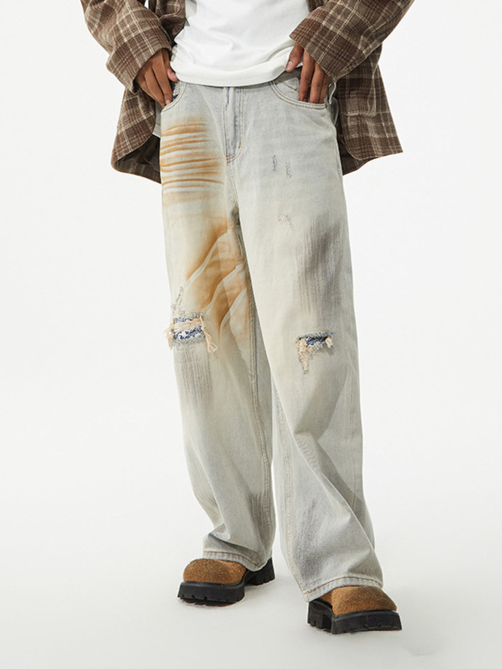 Men's distressed wide leg jeans by Trendsi featuring a casual fit and faded denim look.