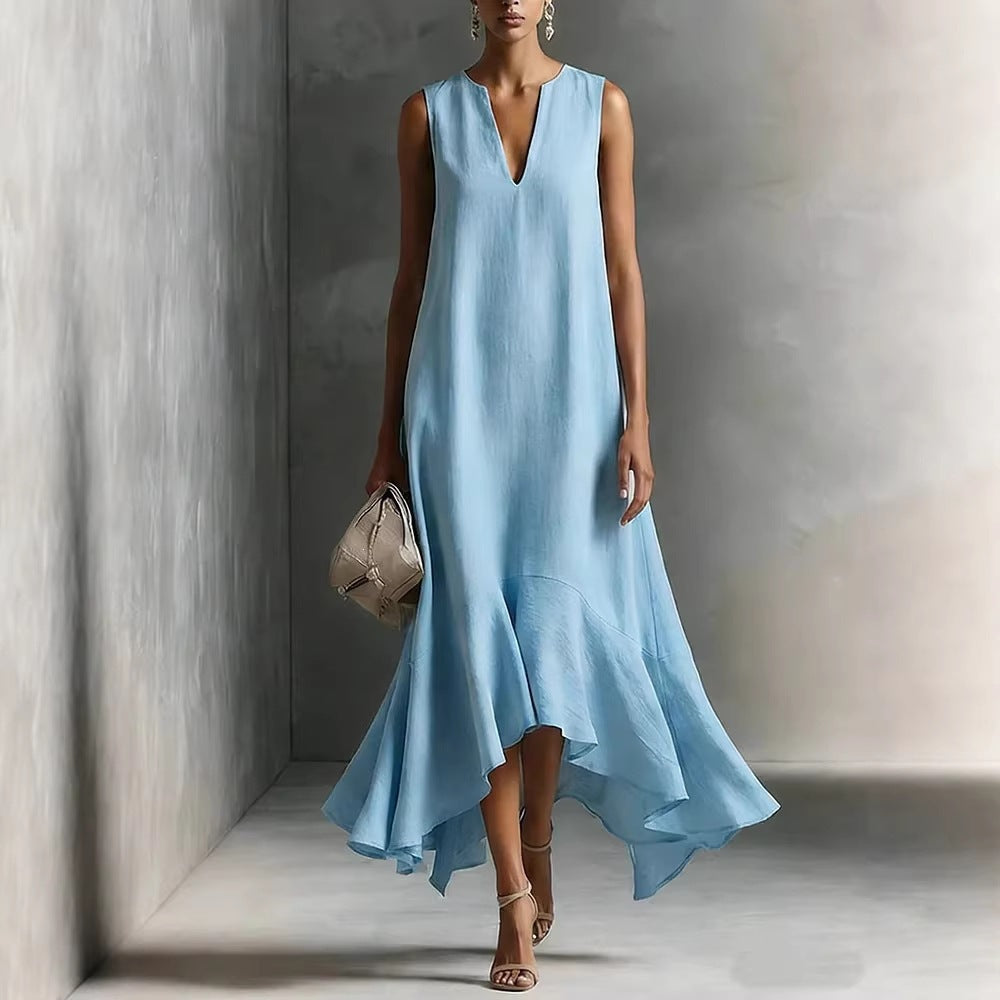 Women's deep V-neck sleeveless asymmetrical maxi dress with patchwork design by FitiqueFit, shown with flowing fabric and stylish cut.