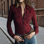 Deerskin velvet long sleeve patchwork blouse by FitiqueFit featuring retro style and intricate fabric patterns.