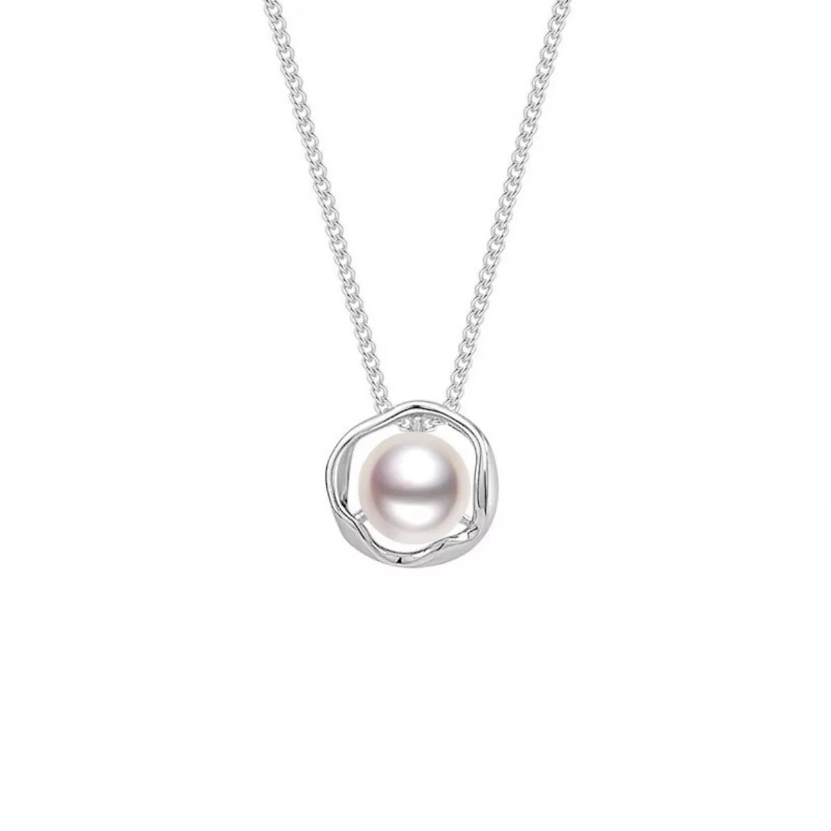 Sterling silver pearl pendant necklace with a delicate design, featuring a lustrous pearl on a fine silver chain.