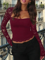Sheer lace sleeve square neck T-shirt from Shopimist, featuring a stylish square neckline and delicate lace details on the sleeves.