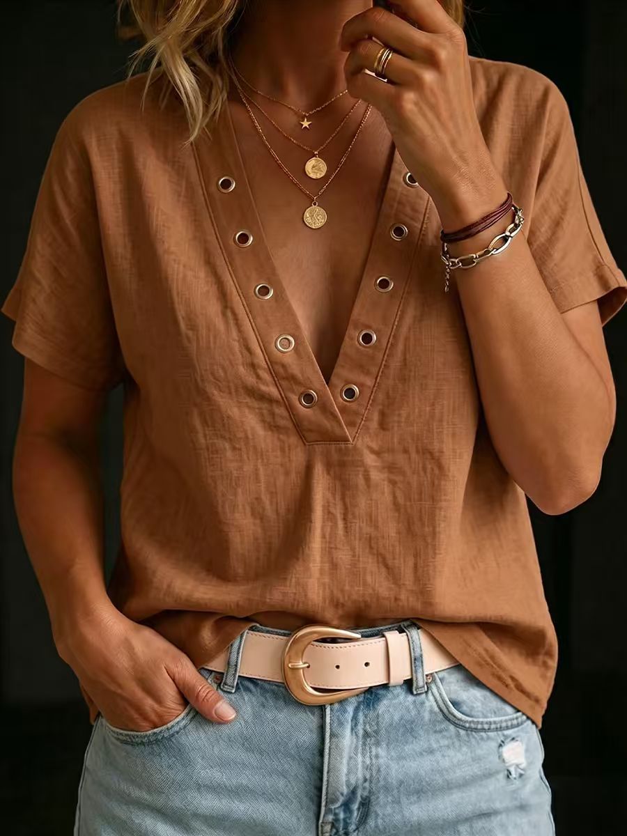 Women’s loose-fit linen V-neck shirt with short sleeves, casual and breathable top by FitiqueFit.