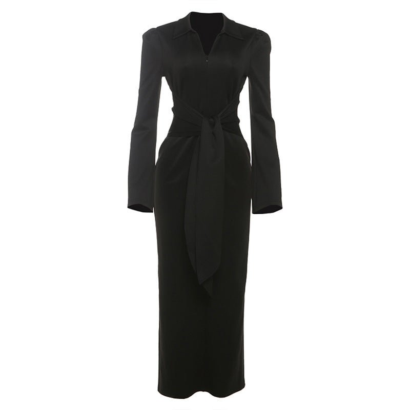 Bella Mia fall women's dress with solid color, collared waist, slim fit, long sleeves, lace-up front, and zipper closure.