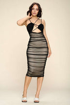 Fasheabe Curve Hugging Bodycon Midi Dress in black, fitted design with a sleek silhouette, perfect for elegant occasions.