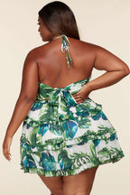 Fasheabe plus size leaf print O-ring mini dress with short sleeves and fitted silhouette, featuring a vibrant leafy pattern.