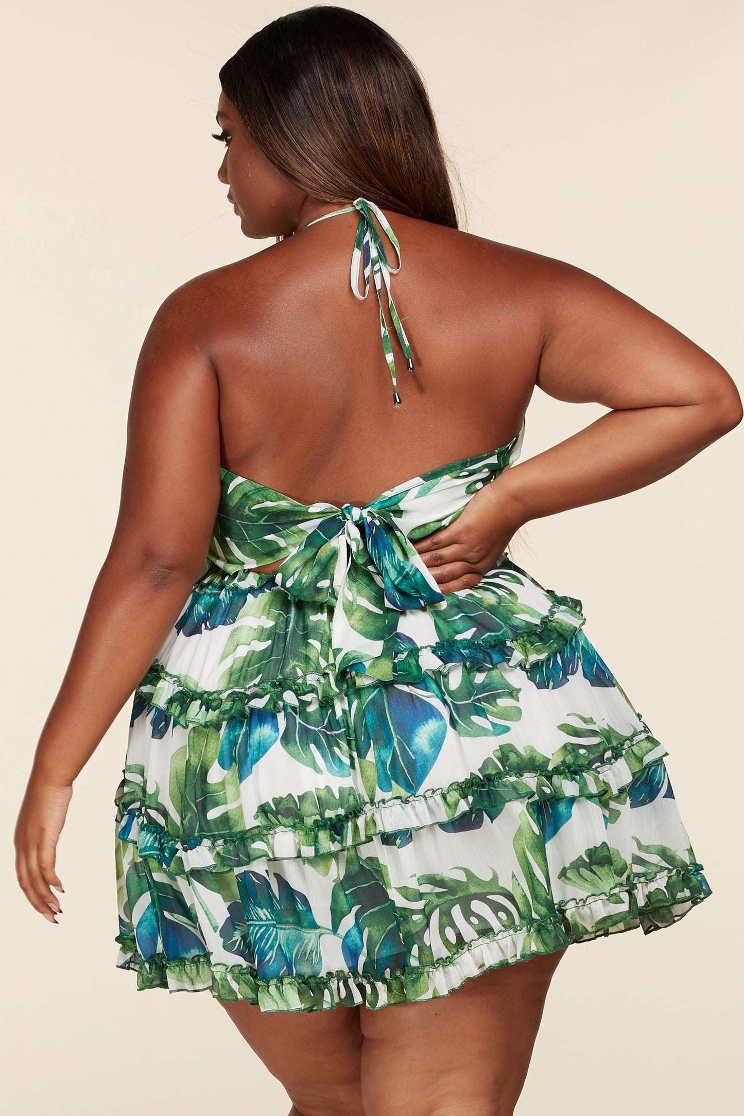 Plus size leaf print O-ring mini dress from Plush Fashion Hub, featuring a stylish mini dress with a leaf pattern and O-ring details.