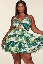 Fasheabe plus size leaf print O-ring mini dress showcasing a vibrant leaf pattern and stylish O-ring details.