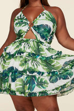 Fasheabe plus size leaf print O-ring mini dress featuring a stylish O-ring detail and vibrant leaf pattern on soft fabric.