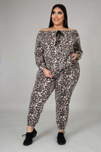 Fasheabe off-the-shoulder cheetah print jogger set with matching top and pants, stylish animal print clothing for women