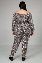 Fasheabe off-the-shoulder cheetah print jogger set featuring a relaxed fit top and matching pants, stylish animal print design.