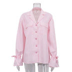 Bella Mia women's striped French office shirt with bell sleeves, collar, pockets, perfect for spring and autumn fashion.