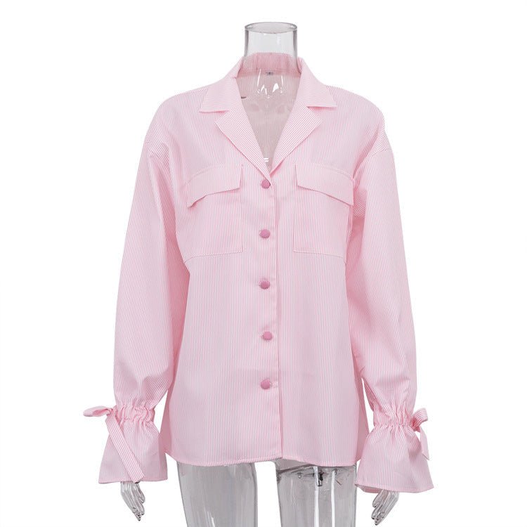 Bella Mia women's striped French office shirt with bell sleeves, collar, pockets, perfect for spring and autumn fashion.