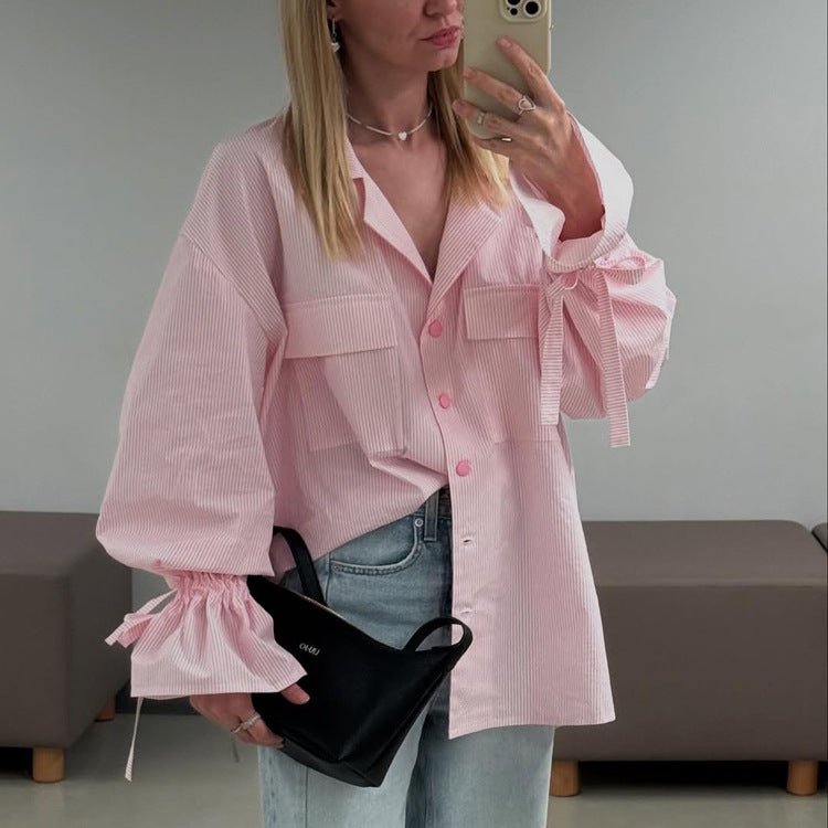 Bella Mia women's striped French office shirt with collar, bell sleeves, and pockets, perfect for spring and autumn fashion.