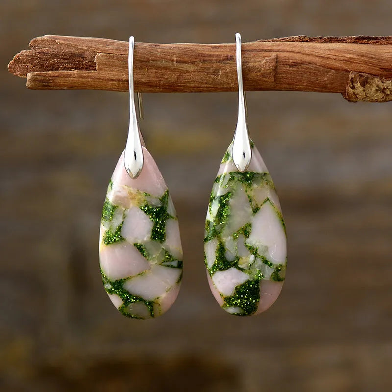 Teardrop-shaped natural stone dangle earrings by Shopimist featuring elegant, polished stones on silver hooks.