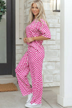 Light gray Elisa Print half sleeve lounge set by Threaded Pear, featuring comfortable relaxed-fit top and matching bottoms.
