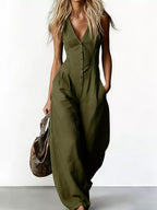 V-neck button-down wide-leg jumpsuit by Trendsi, shown in black with relaxed fit, front buttons, and flowing wide-leg design.