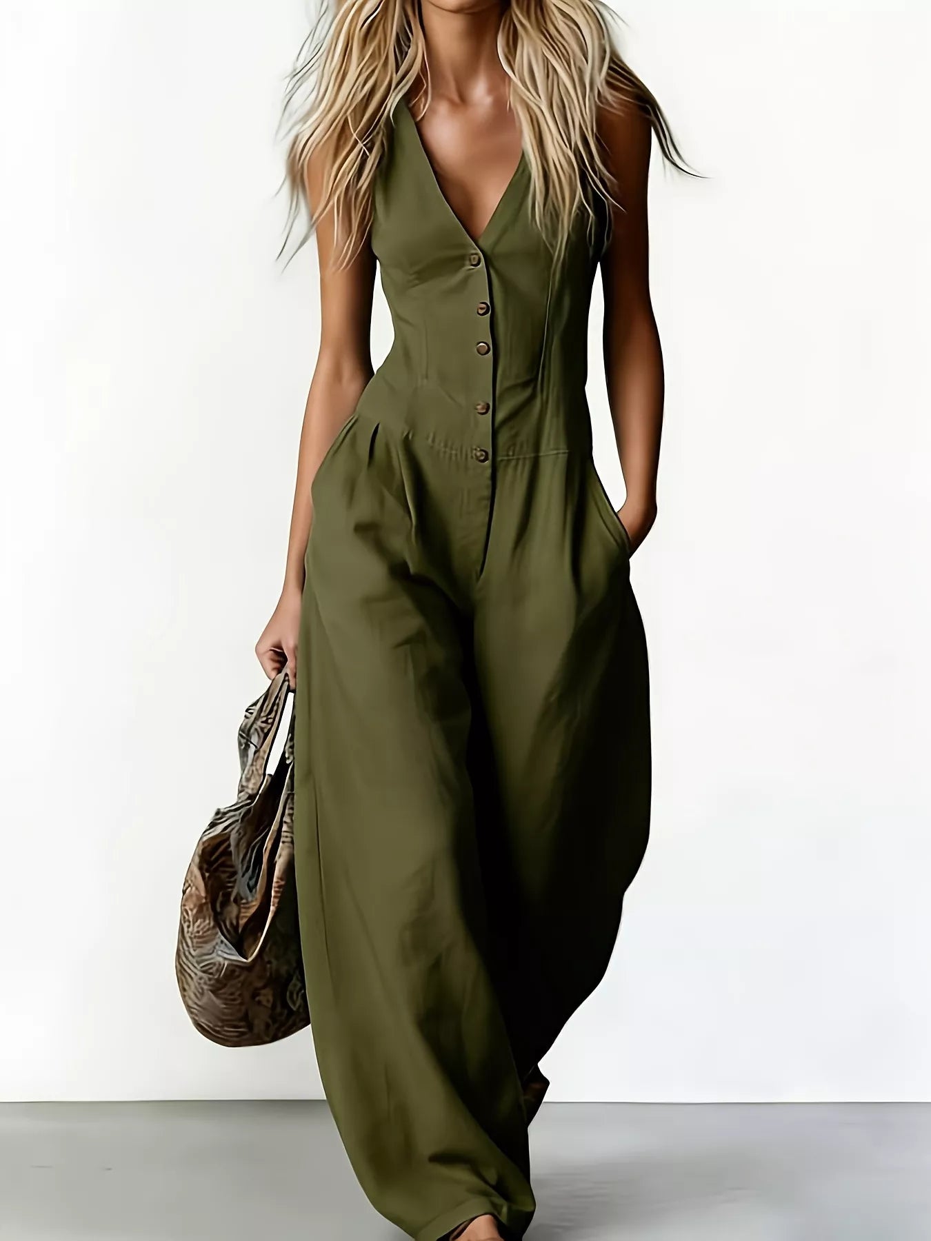 V-neck button-down wide-leg jumpsuit by Trendsi, shown in black with relaxed fit, front buttons, and flowing wide-leg design.