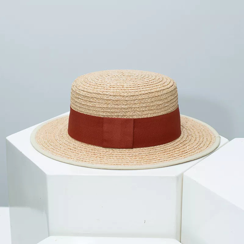 Plush Fashion Hub classic straw boater hat with black contrast band, perfect for summer style and sun protection.