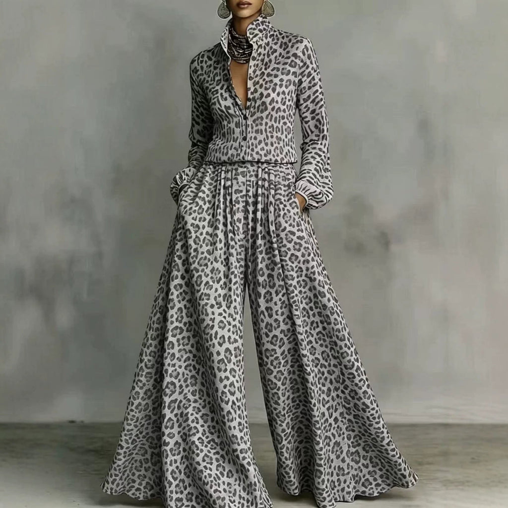 Leopard print wide-leg pants set for women by FitiqueFit, casual two-piece outfit with relaxed fit and bold animal print design.