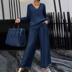 Solid color long sleeve top and pants two-piece travel set by Plush Fashion Hub, casual and comfortable loungewear ensemble.