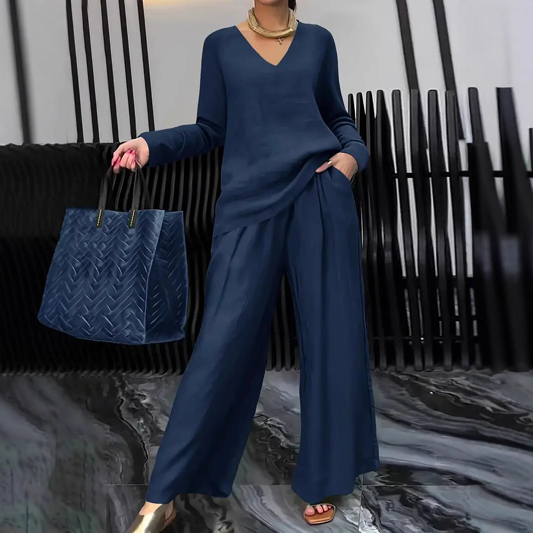 Solid color long sleeve top and pants two-piece travel set by Plush Fashion Hub, casual and comfortable loungewear ensemble.