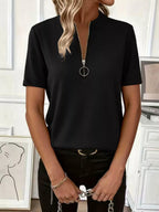 Women's ribbed short sleeve casual top by Trendsi with half zip, soft stretch fabric, perfect for a comfortable, stylish look.