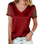 Solid-color V-neck mesh T-shirt with rhinestone studs, short sleeves, designed by LadyShow.Store