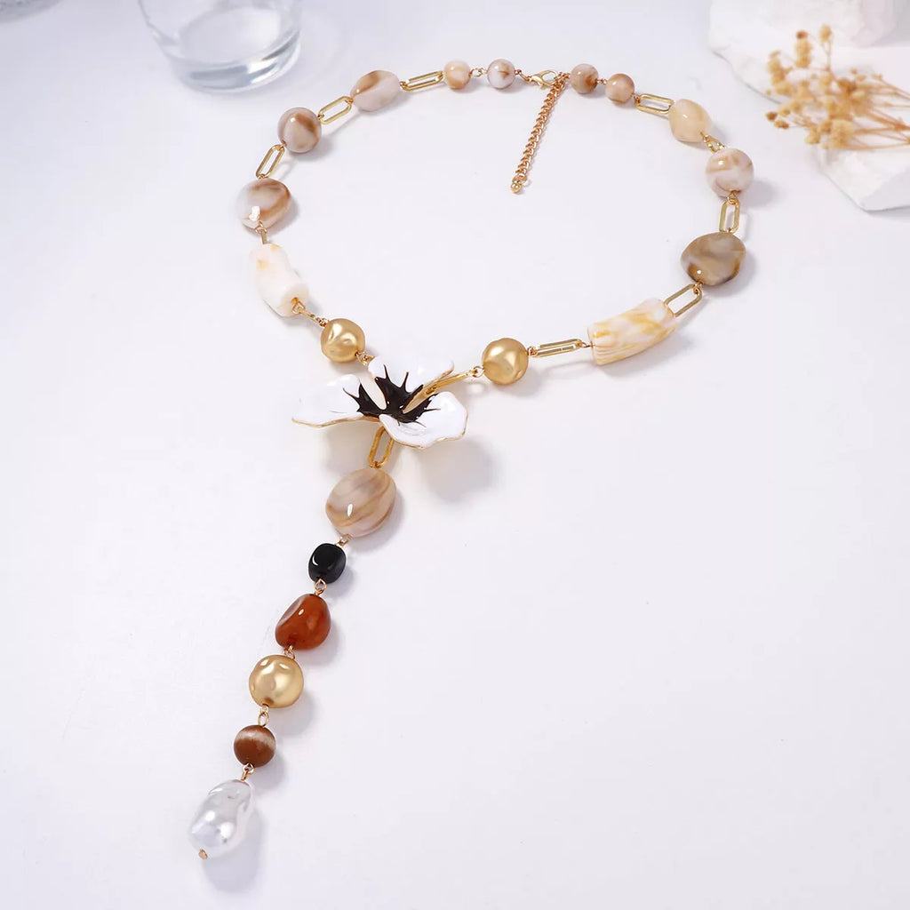 Y-shaped alloy necklace with dripping oil flower resin pendant, stylish jewelry by Shopimist featuring a unique design.