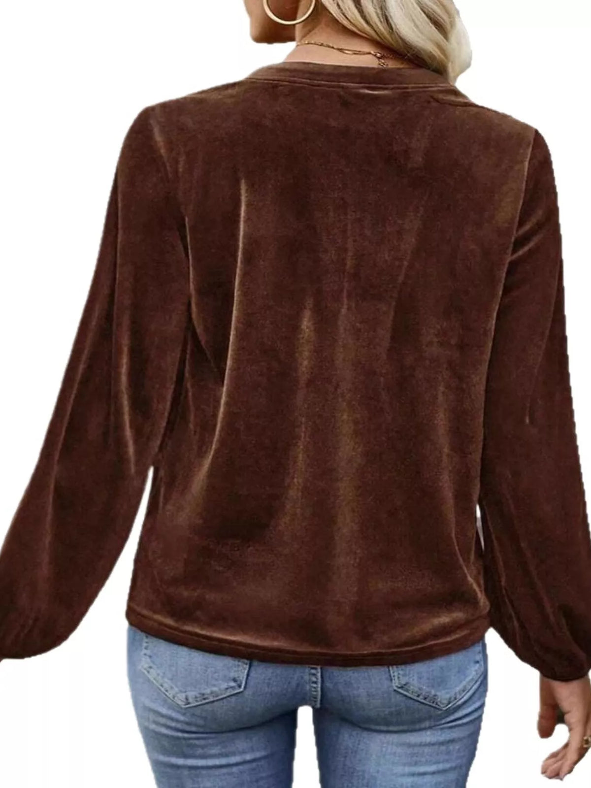 Velvet notched long sleeve blouse by Simply Love featuring a stylish design and soft fabric, shown in a close-up image.