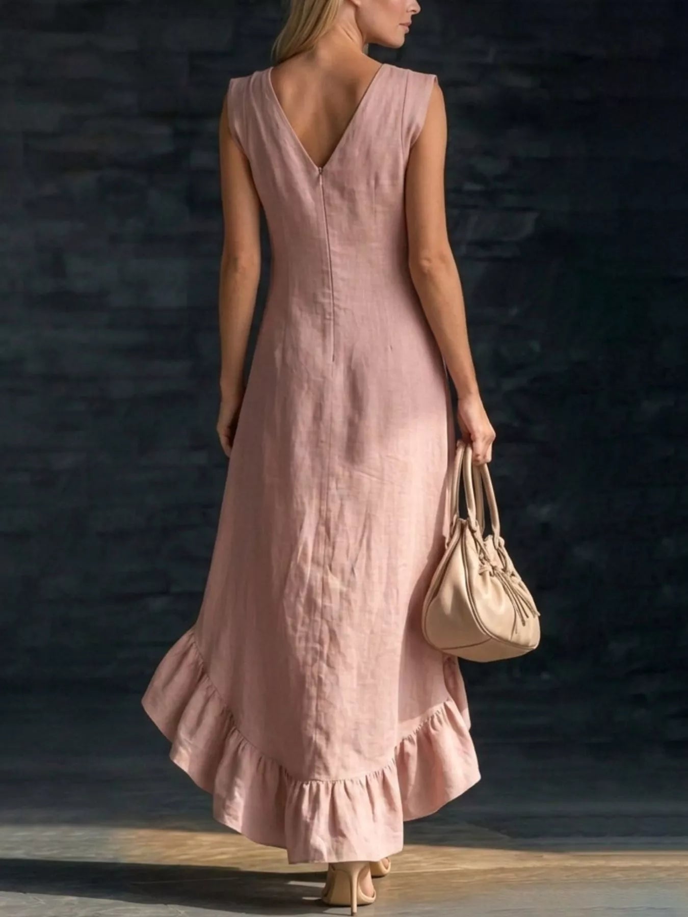 Plus size Plush Fashion Hub high-low V-neck dress with ruffle hem, stylish and flowy, in full size.