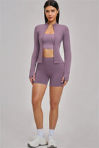 Fitglutes Activewear sports bra, jacket, and shorts 3-piece set for workout and gym activities, shown in the image.