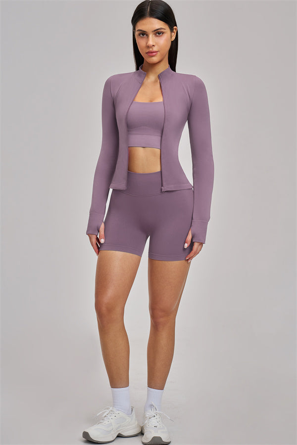 Fitglutes Activewear sports bra, jacket, and shorts 3-piece set for workout and gym activities, shown in the image.