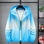 Lightweight FitiqueFit hooded sun-protective jacket with adjustable hood and breathable fabric, ideal for outdoor sun protection.
