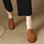 Women's retro British style chunky heel leather shoes with round toe, ideal for commuting, by Plush Fashion Hub.
