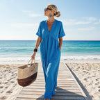 V-neck short-sleeve high waist maxi dress by FitiqueFit featuring a flowy resort style design and lightweight fabric.