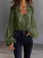 Light pink ballet-style puff sleeve shirt with lace-panel details, pleated ruffle accents, and a fitted top from FitiqueFit.