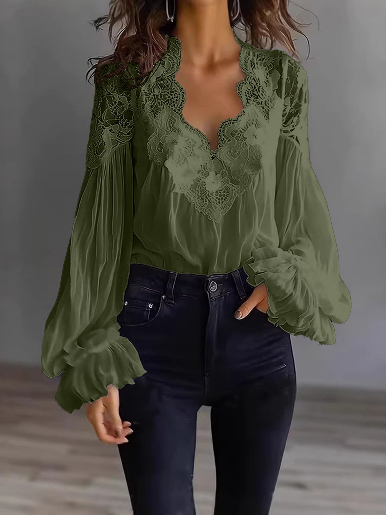 Light pink ballet-style puff sleeve shirt with lace-panel details, pleated ruffle accents, and a fitted top from FitiqueFit.