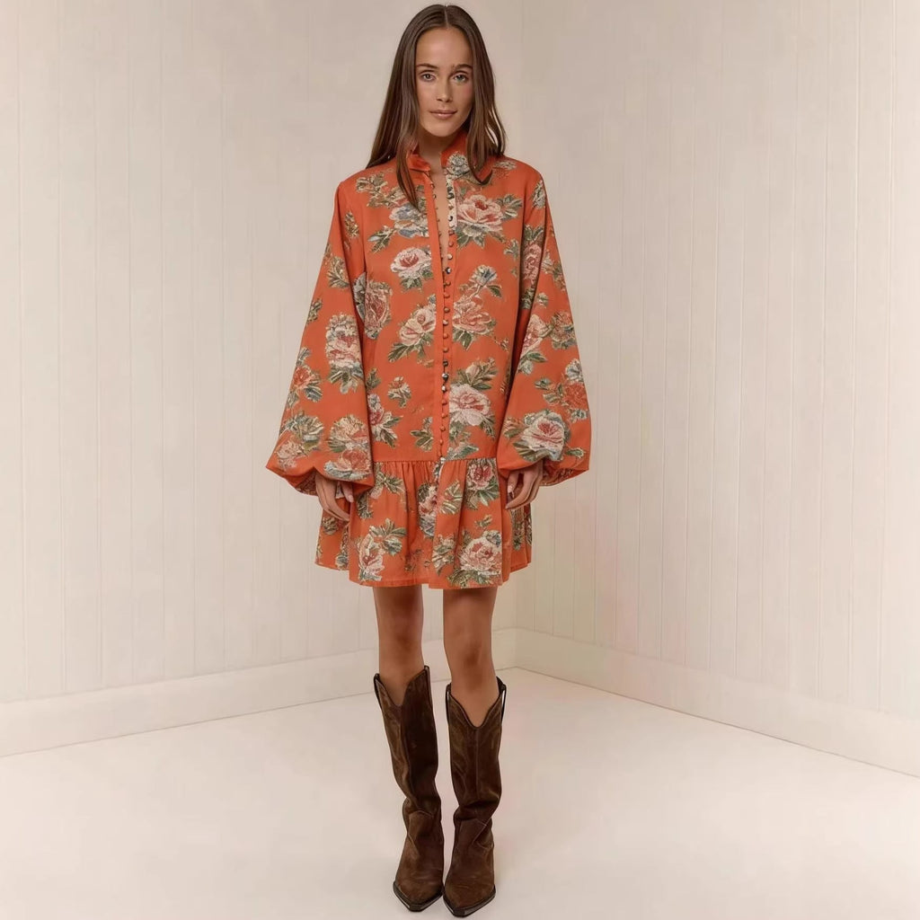 Digital print lantern sleeve linen midi dress by FitiqueFit featuring a loose fit, casualwear style with lantern sleeves and a pullover design.