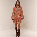 Digital print lantern sleeve linen midi dress by FitiqueFit featuring a loose fit, casualwear style with lantern sleeves and a pullover design.